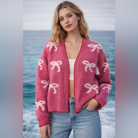 Threaded leaf Sweaters - Pink Bow Cardigan Muse by the Sea – Soft Romance Meets Coastal Chic Style